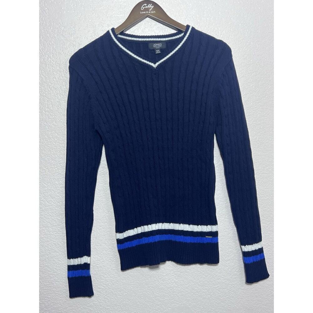 Nautical Fisherman Sweater Jones Of New York Knit V Neck Navy Tennis Nautical
